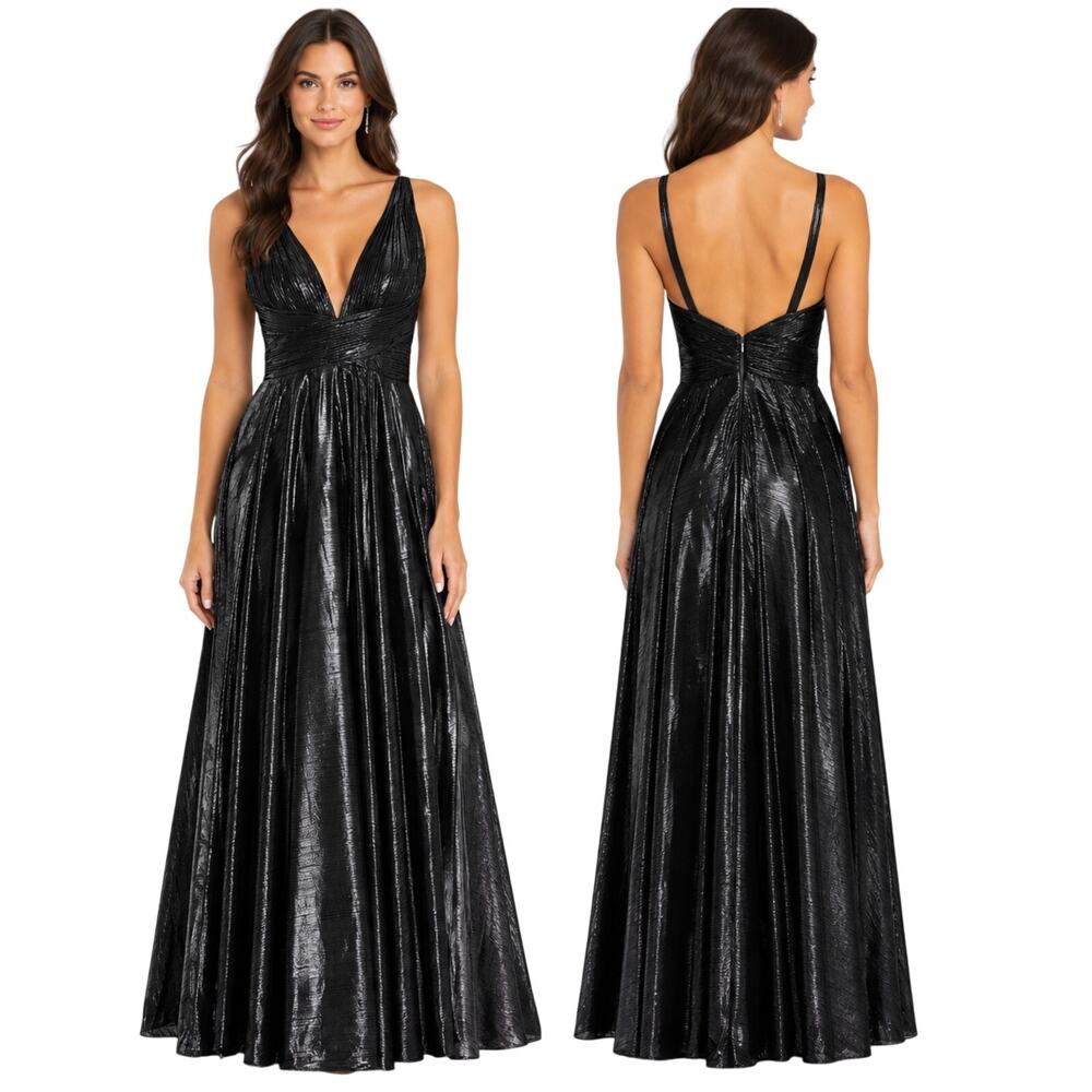 Mac Duggal NWT Black Metallic Sleeveless Deep V Neck Pleated Top Dress Size XS